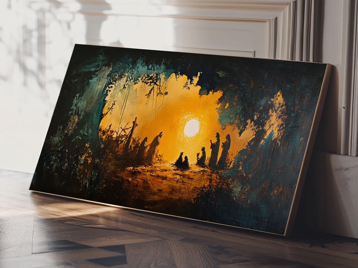 Christmas Nativity Manger Golden Light Silhouette Oil Painting Poster