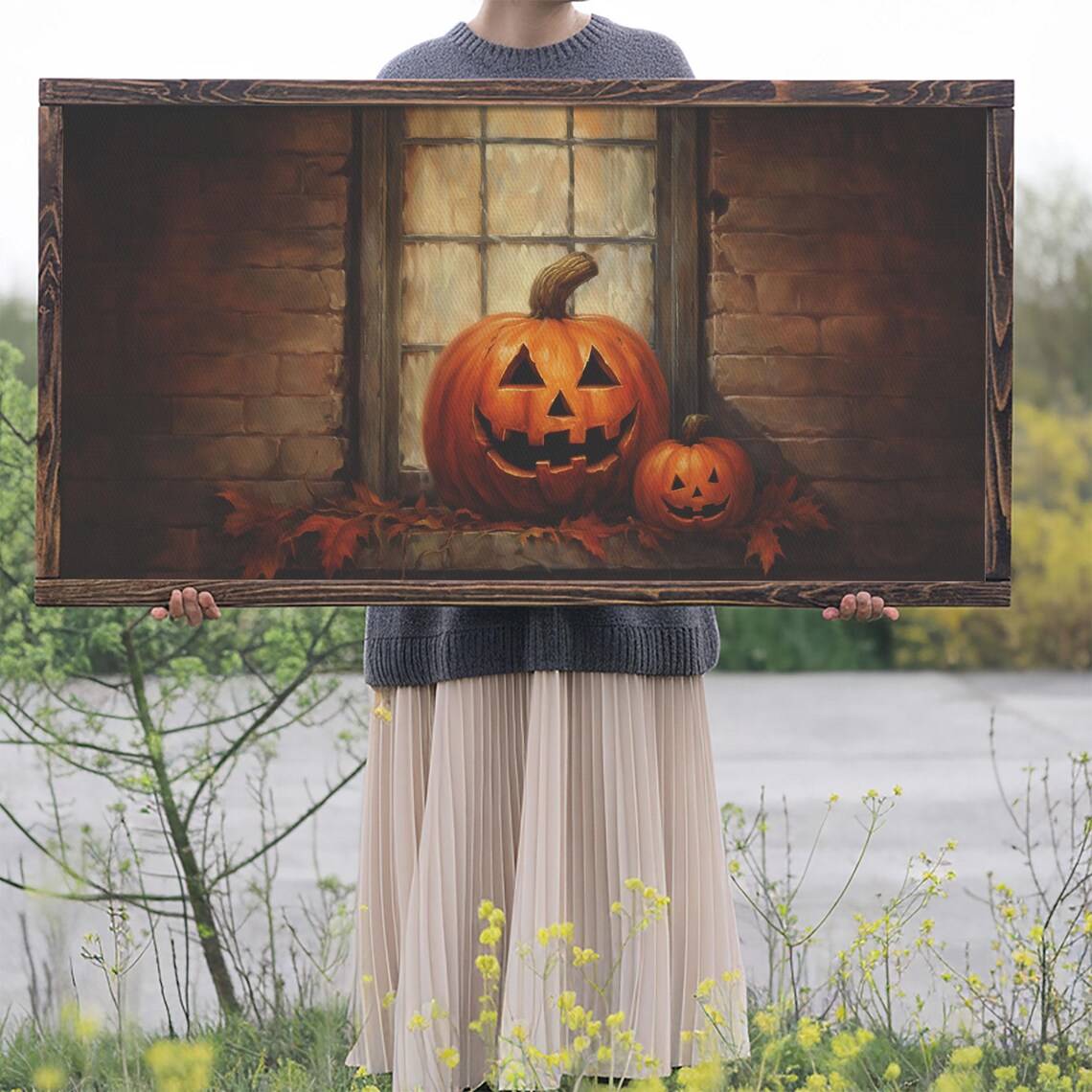 Jack O Lantern Pumpkins Windowsill Autumn Leaves Halloween Art Poster - Image 2
