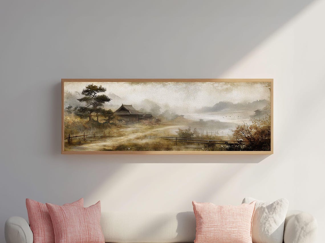 Misty Japanese Countryside Hut Pine Tree Panoramic Landscape Print - Image 3
