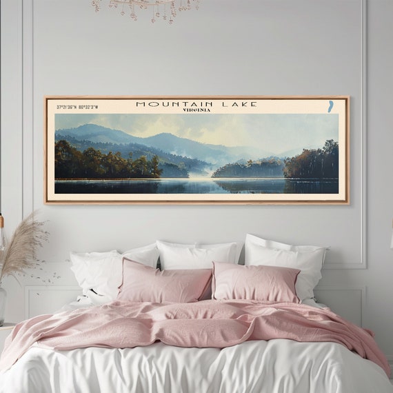 Mountain Lake Virginia Framed Print Lake House Decor Panoramic Wall Art Travel Poster Scenic Landscape Painting Cottage Art