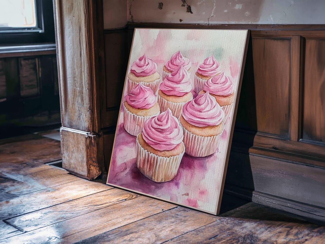 Pink Frosted Cupcakes Watercolor Art Print Dessert Kitchen Wall Poster - Image 5