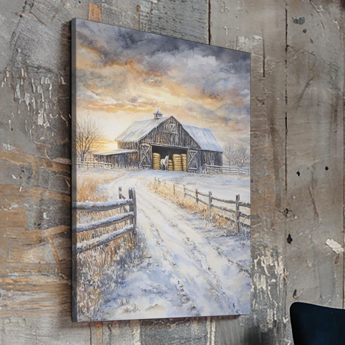 Winter Barn Snow Horse Split Rail Fence Moody Sky Watercolor Wall Art - Image 4