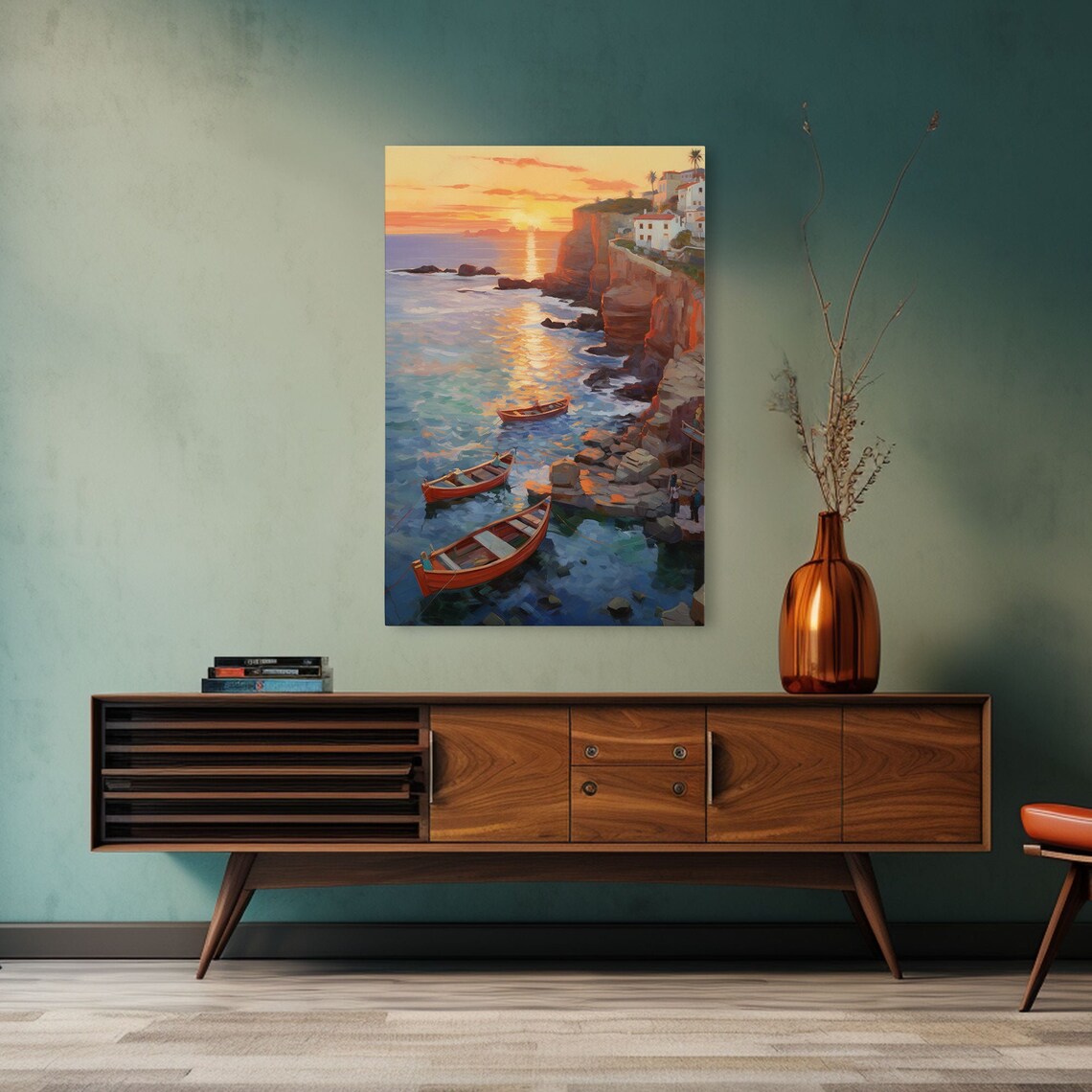 Seaside Cliff Town Fishing Boats Sunset Harbor Painting Art Poster - Image 5