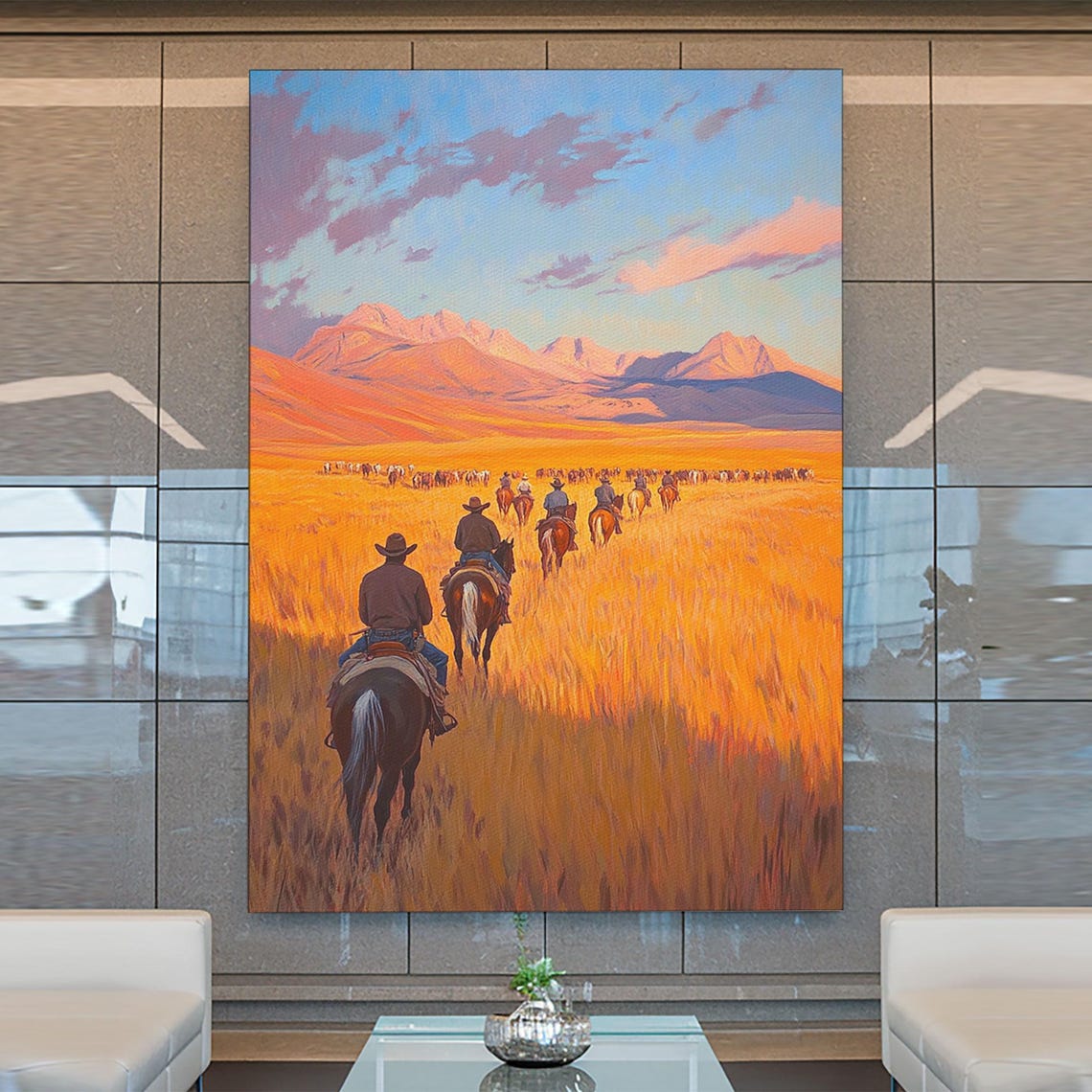 Cowboys Riding Golden Grassland Toward Mountains Sunset Poster - Image 3