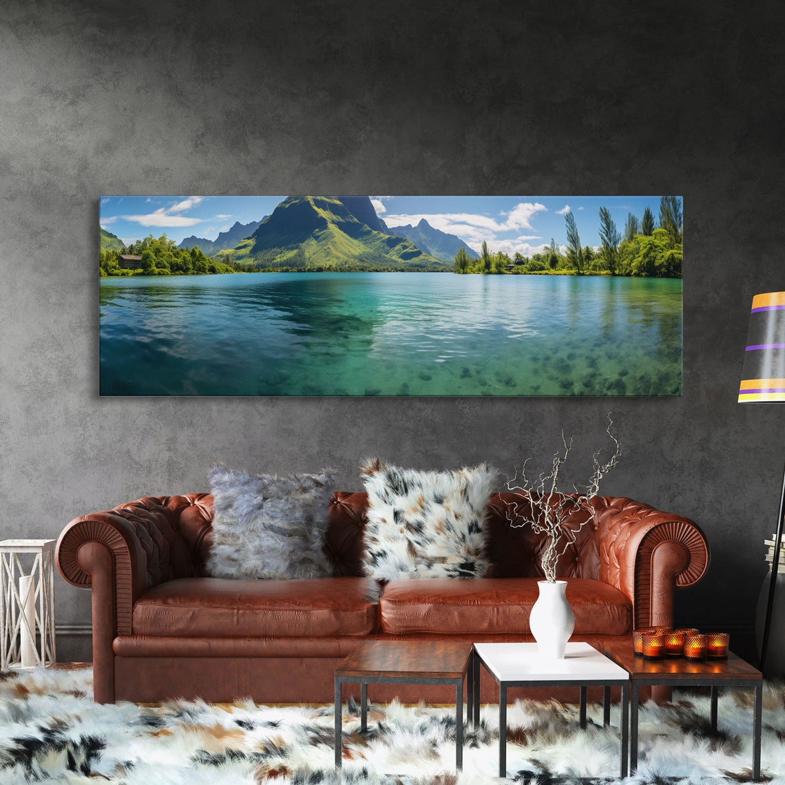 Tahiti Turquoise Lagoon Lush Volcanic Peak Daytime Panoramic Poster