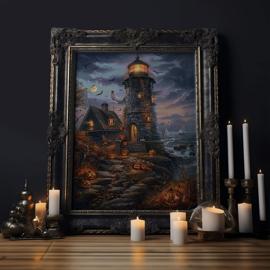 Haunted Lighthouse Jack O Lanterns Spooky Halloween Night Art Poster