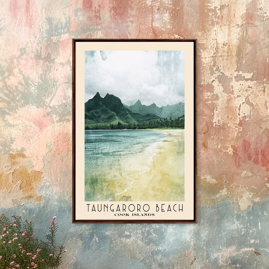 Taungaroro Beach Cook Islands Green Peaks Pale Lagoon Shore Poster - Image 4