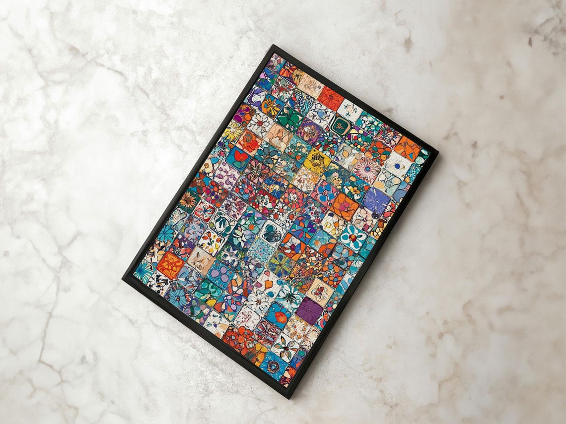 Colorful Floral Mosaic Squares Patchwork Boho Tile Art Print