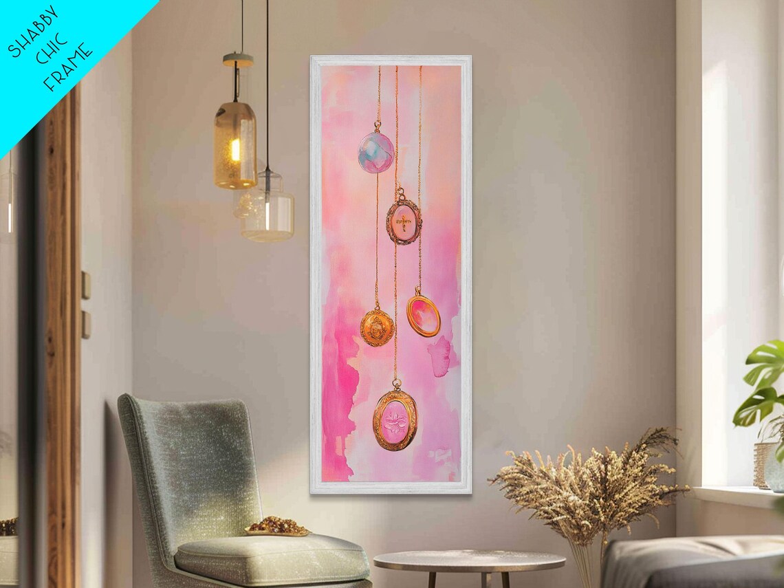 Pink Gemstone Pendant Necklaces Watercolor Gold Chains Vertical Art Poster - Image 3