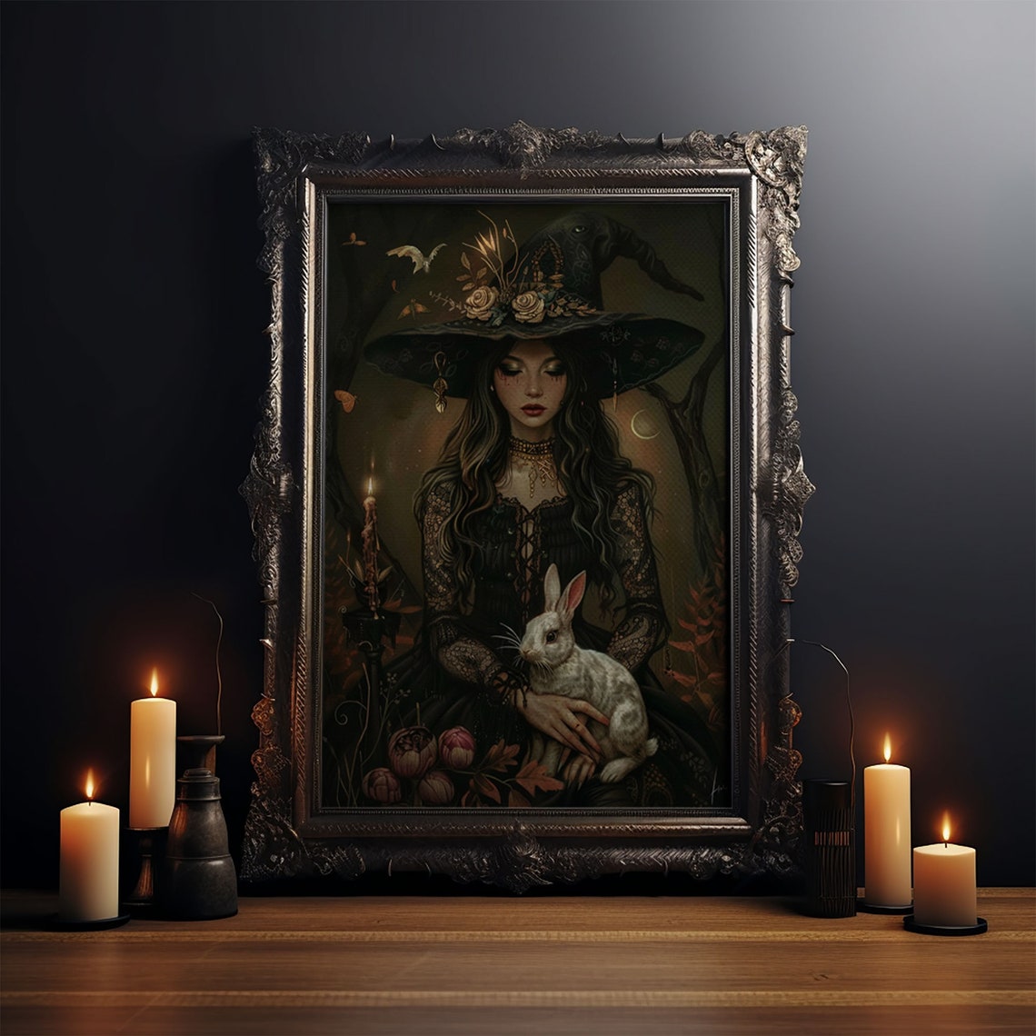 Beautiful Witch With White Rabbit Candles Enchanted Forest Art Poster - Image 4