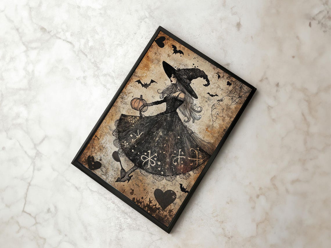 Elegant Vintage Witch With Pumpkin Bats Sepia Halloween Art Print - Image 6
