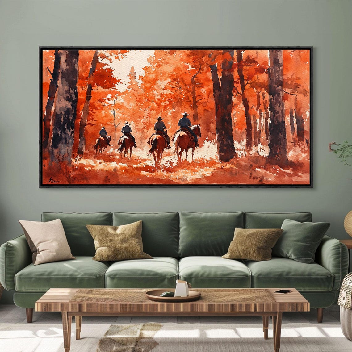 Cowboys Riding Into Blazing Red Autumn Forest Trail Art Print - Image 2