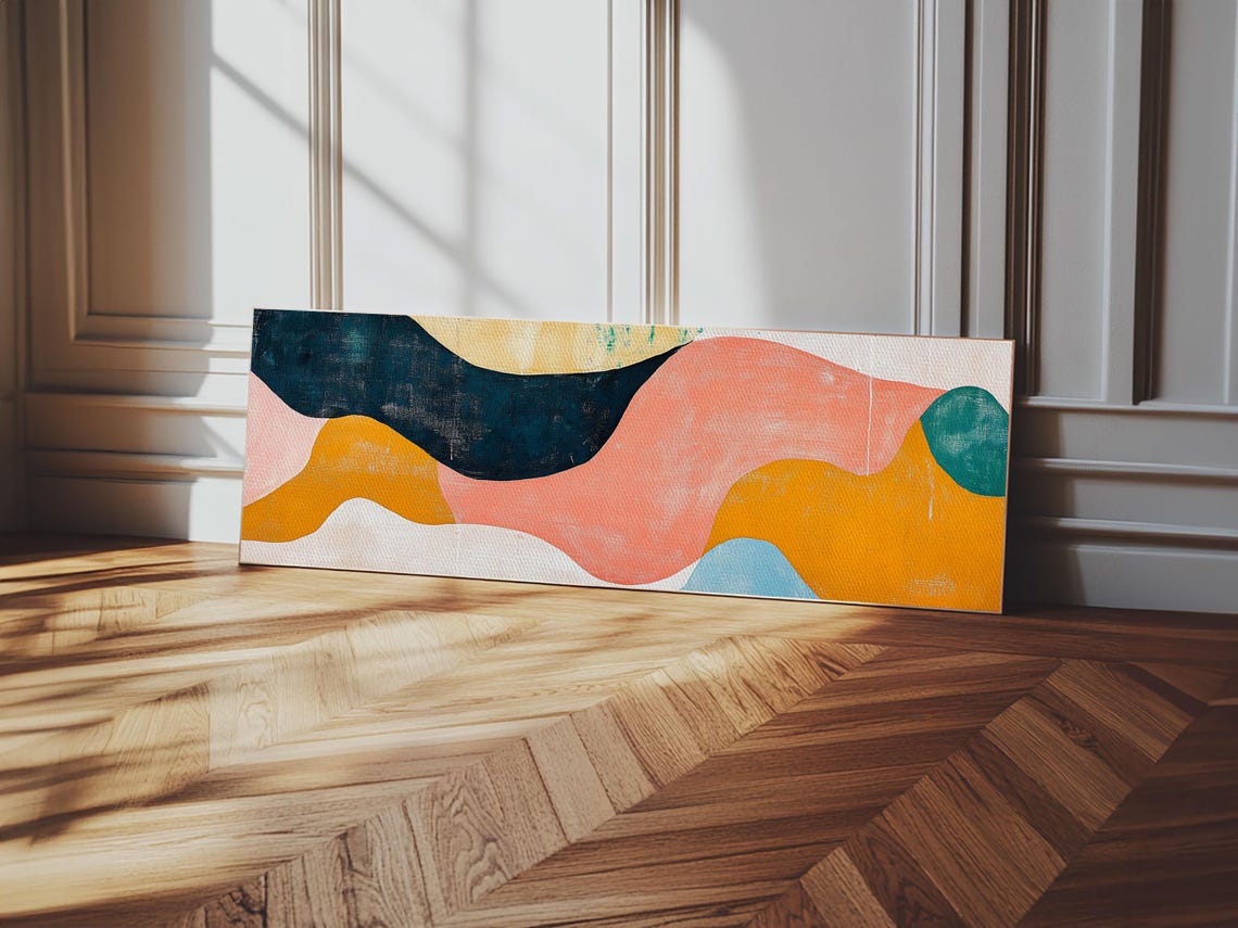 Abstract Wavy Shapes Art Navy Coral Mustard Colorful Modern Poster - Image 5
