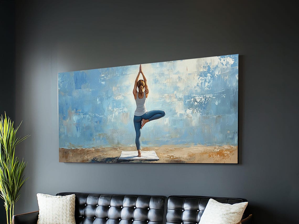 Yoga Tree Pose Beach Blue Sky Wellness Meditation Wall Art Poster