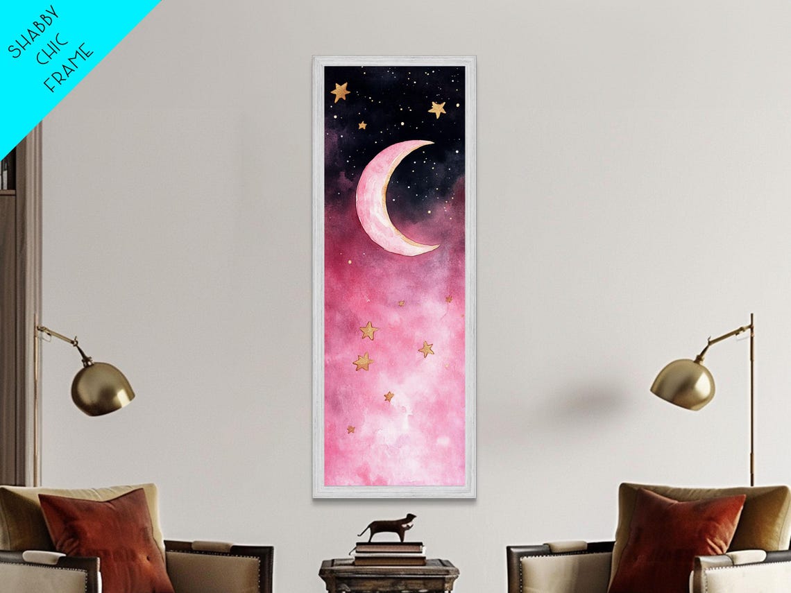 Pink Crescent Moon Gold Stars Watercolor Night Sky Celestial Poster - Image 2