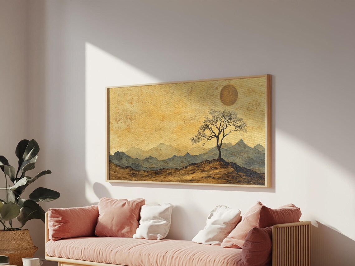 Lone Tree Golden Mountains Wabi Sabi Earthy Landscape Art Poster - Image 4