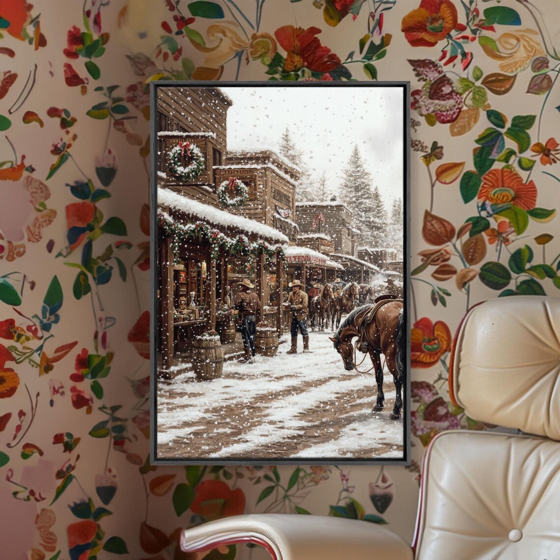 Cowboy Christmas Scene, Vintage Western Town Art Print - Image 4