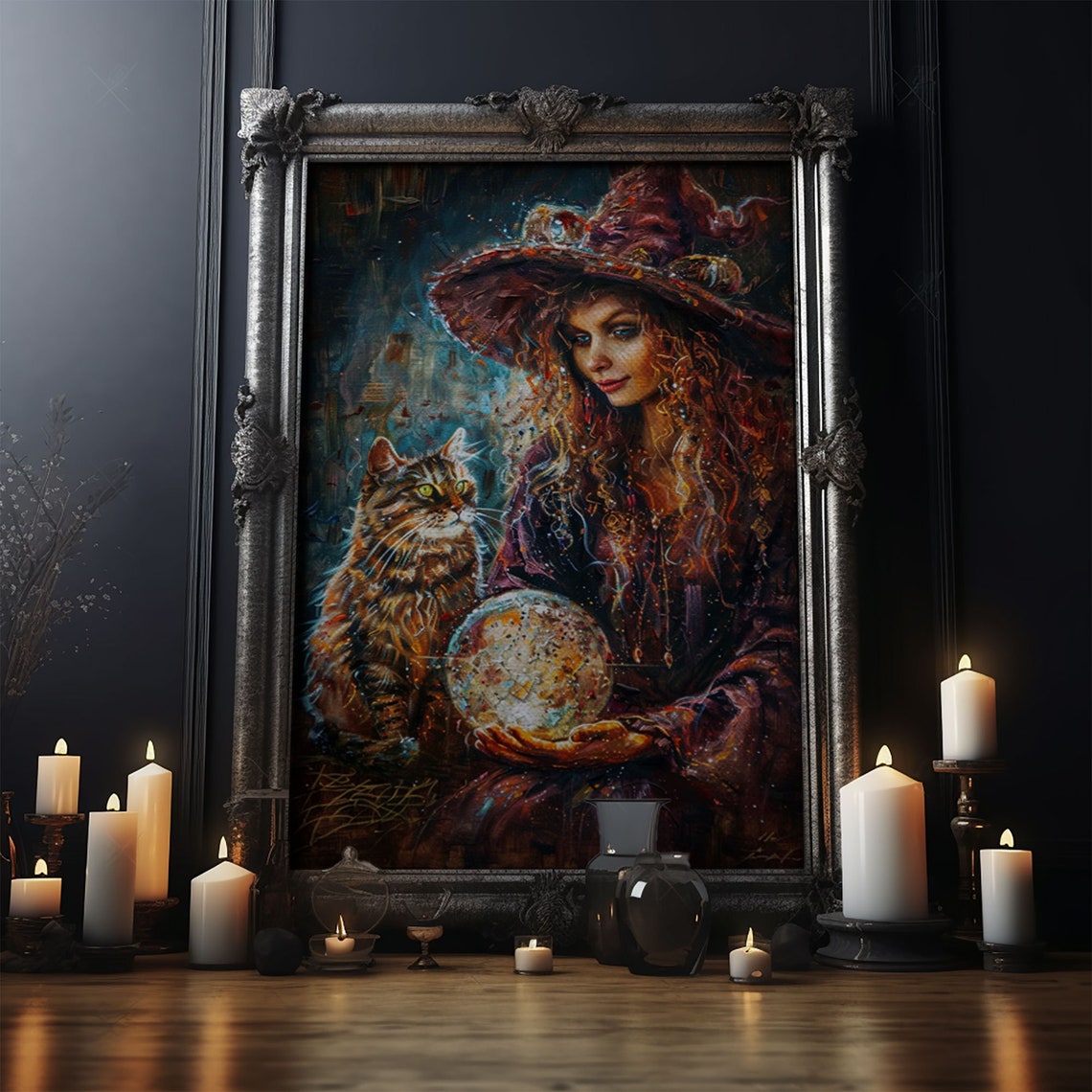 Enchanting Witch With Crystal Ball And Tabby Cat Mystical Art Poster - Image 5