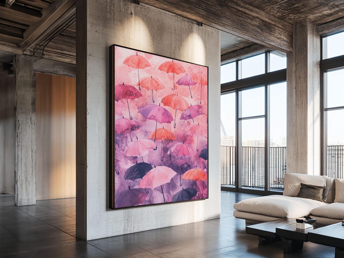 Floating Pink Purple Umbrellas Watercolor Art Print Whimsical Poster