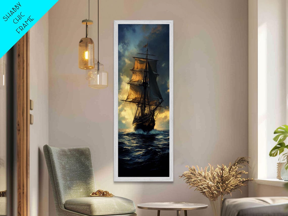 Vintage Tall Ship Sailing Ocean Waves Golden Sunset Nautical Poster - Image 6