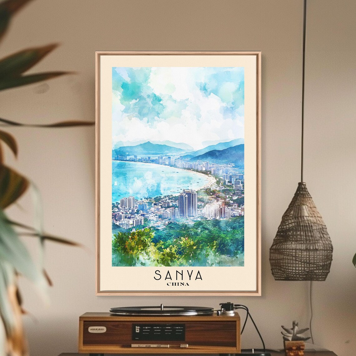 Sanya China Aerial Bay View Crescent Beach City Mountains Watercolor Poster - Image 2