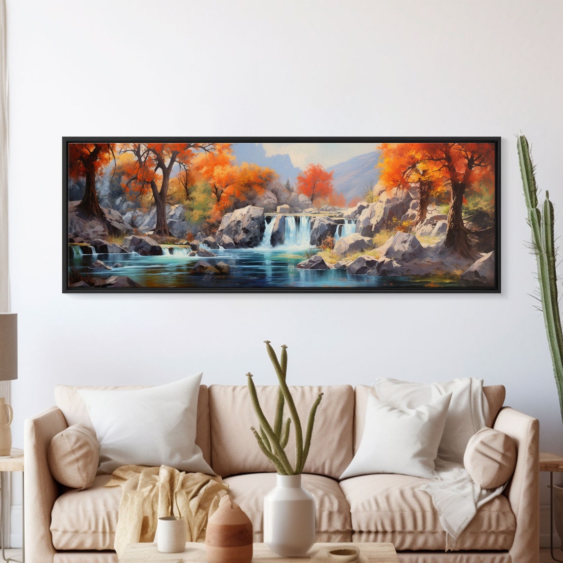 Autumn Waterfall Landscape Painting Orange Trees Rocky River Art