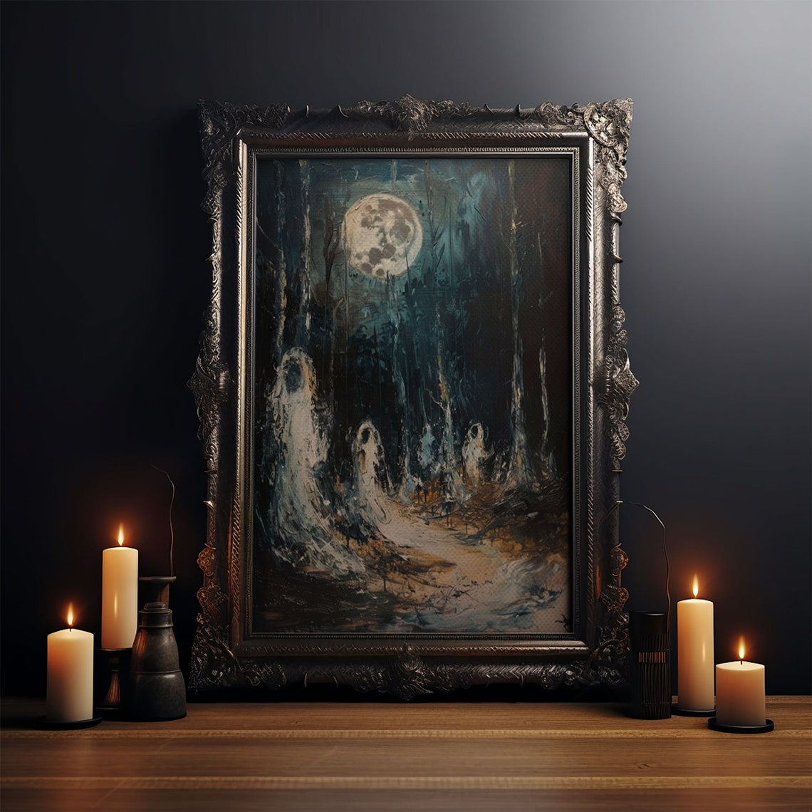 Ghostly Figures In Moonlit Forest Haunting Full Moon Night Poster - Image 4
