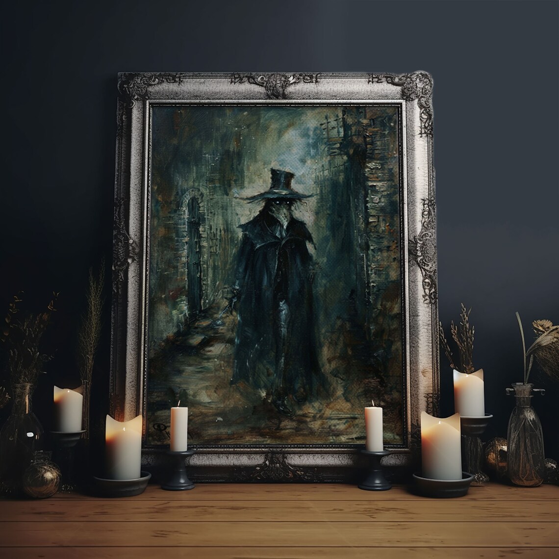Ghostly Plague Doctor Figure In Foggy Victorian Street Art Poster