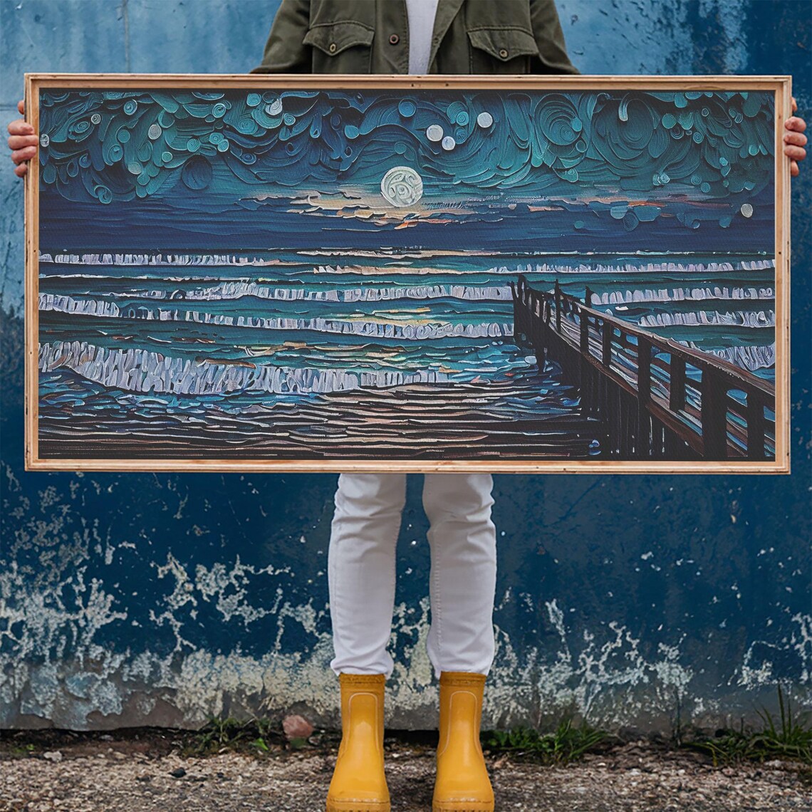 Full Moon Ocean Waves Wooden Pier Starry Night Impasto Seascape Poster - Image 6