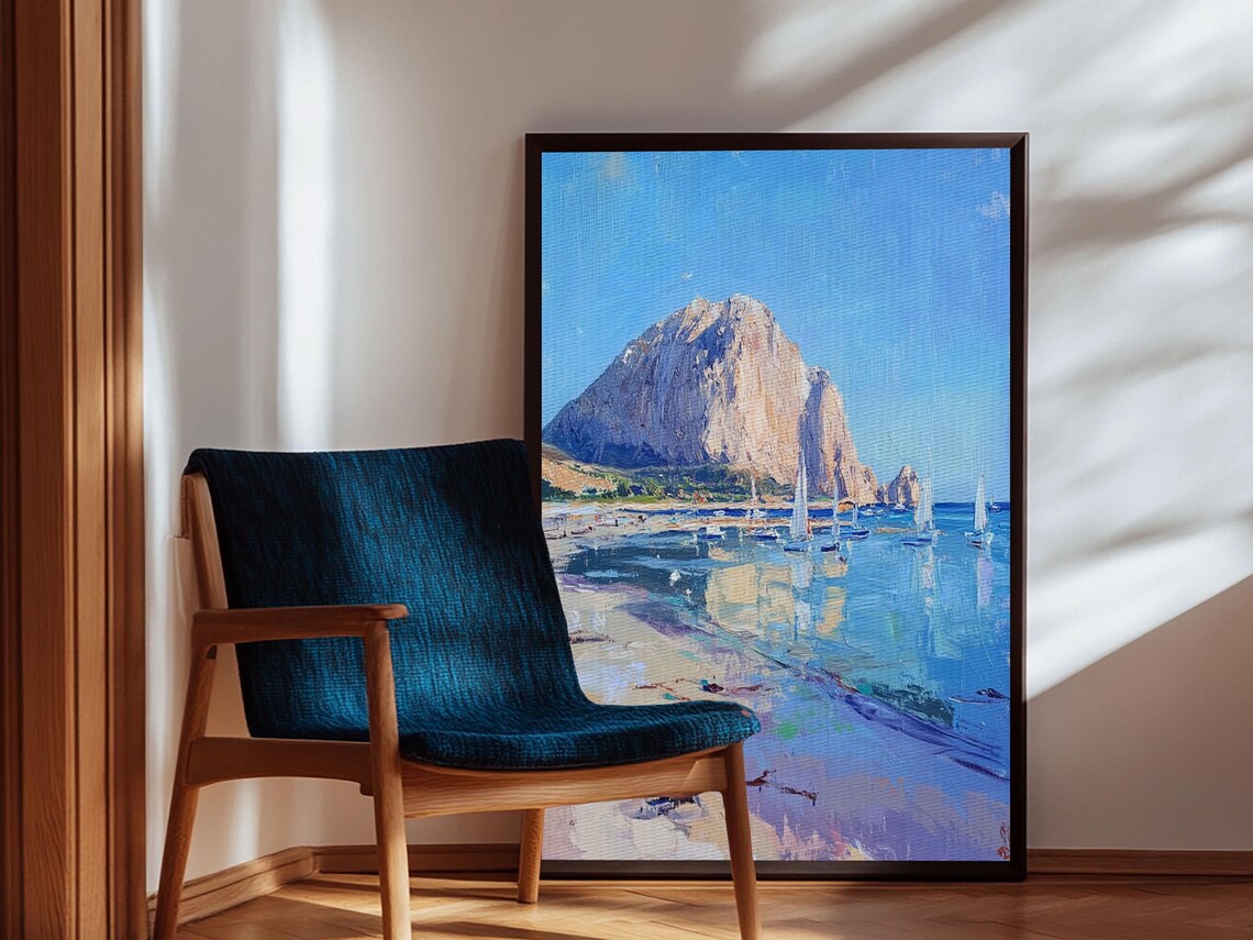 Morro Bay California Morro Rock Sailboats Beach Oil Painting Travel Poster - Image 4