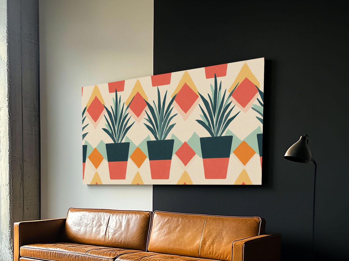 Mid Century Botanical Potted Agave Plants Geometric Pattern Print - Image 3