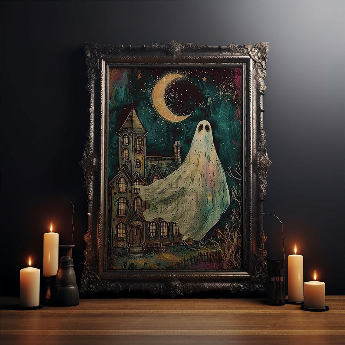 Ghost Crescent Moon Haunted House Spooky Night Halloween Art Poster - Image 3