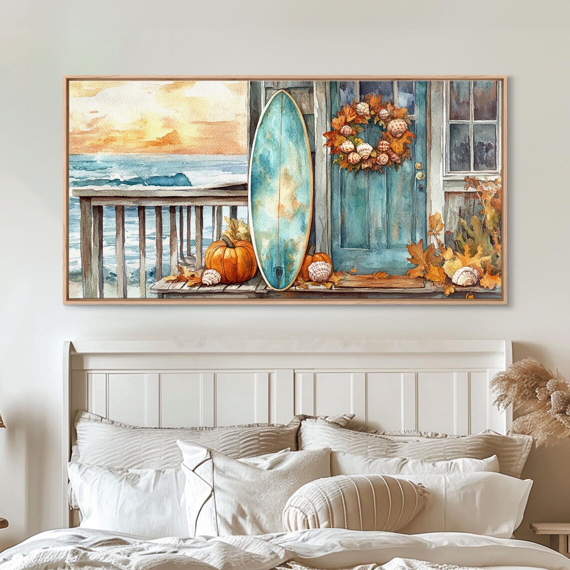 Coastal Surfboard Pumpkins Autumn Door Wreath Beach Fall Decor Art Poster - Image 4