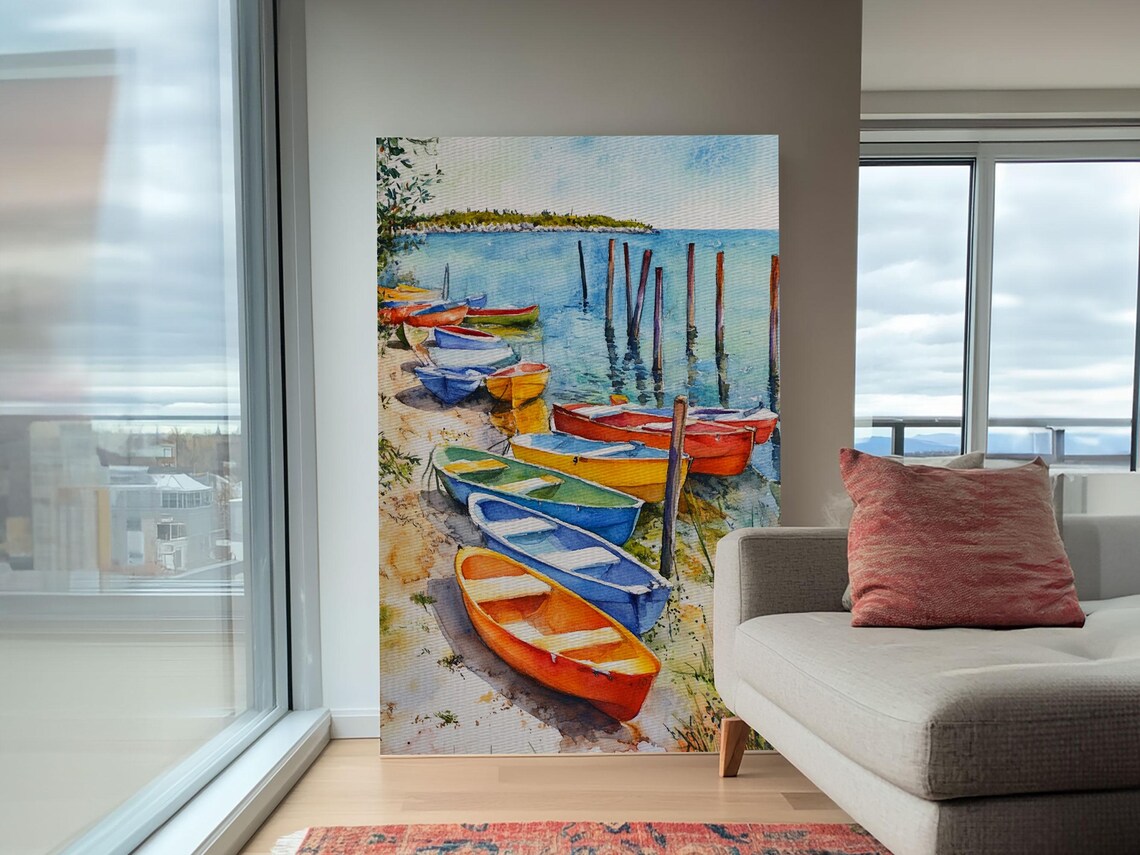 Colorful Rowboats Shore Watercolor Pilings Boats Coastal Harbor Art Poster - Image 3