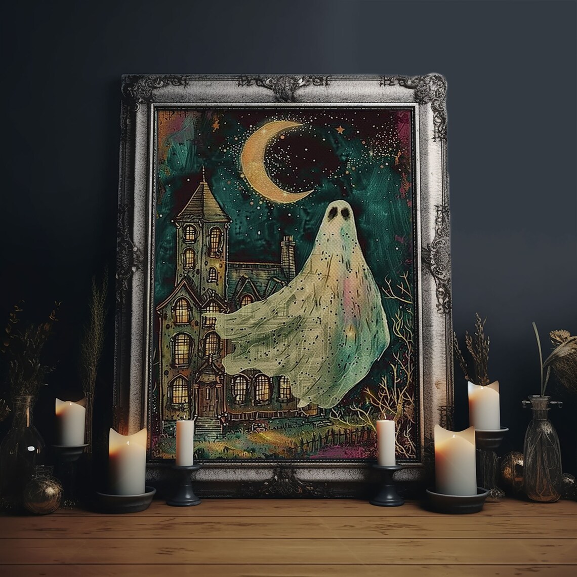Ghost Crescent Moon Haunted House Spooky Night Halloween Art Poster