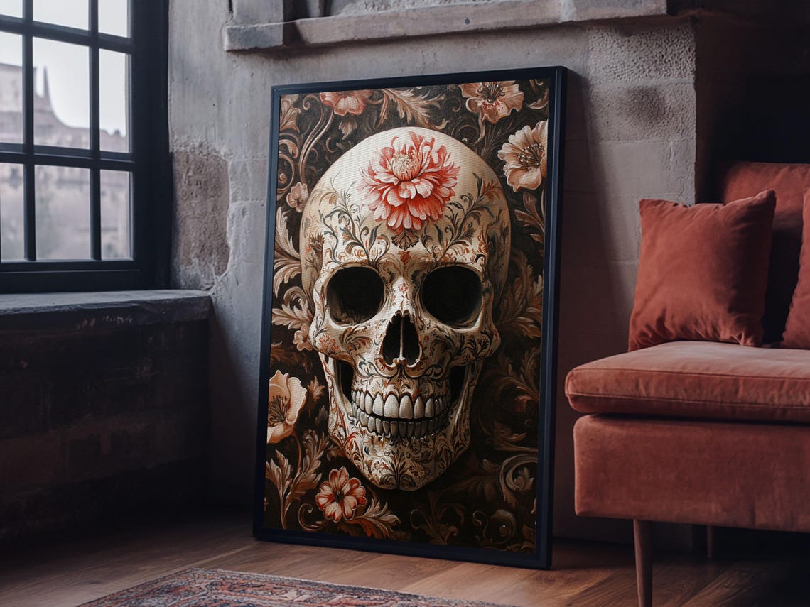 White Floral Skull Blossom Gothic Dark Botanical Skull Wall Art Poster - Image 4