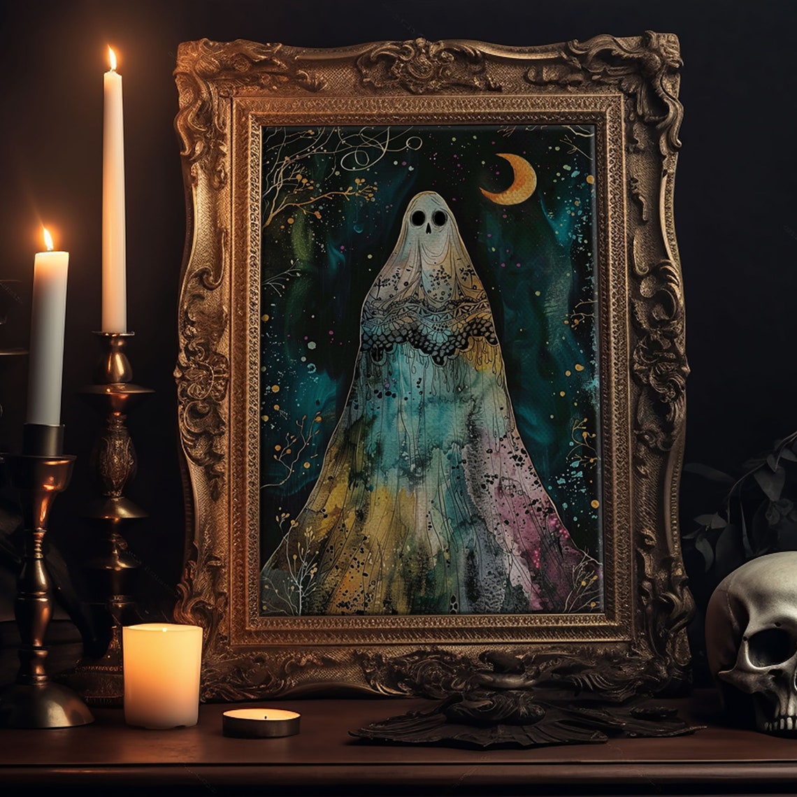 Cottagecore Veiled Ghost Crescent Moon Starry Night Art Poster - Image 6