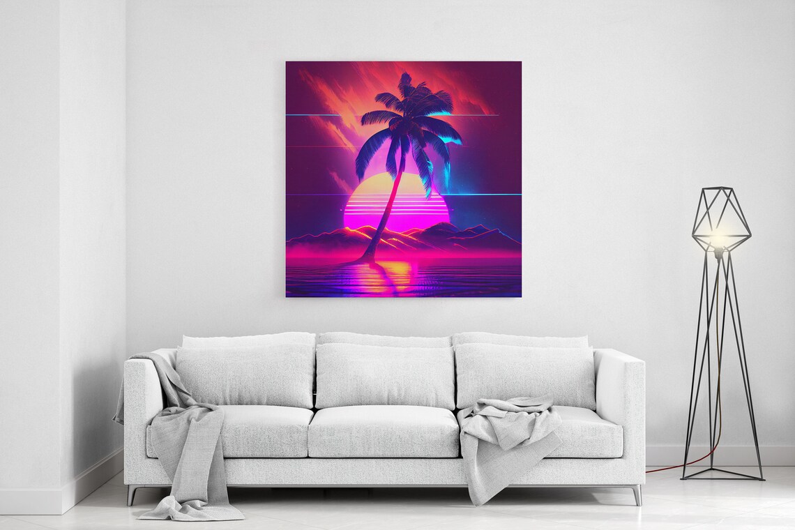 Neon Full Moon, Outrun Style Tropical Art Print