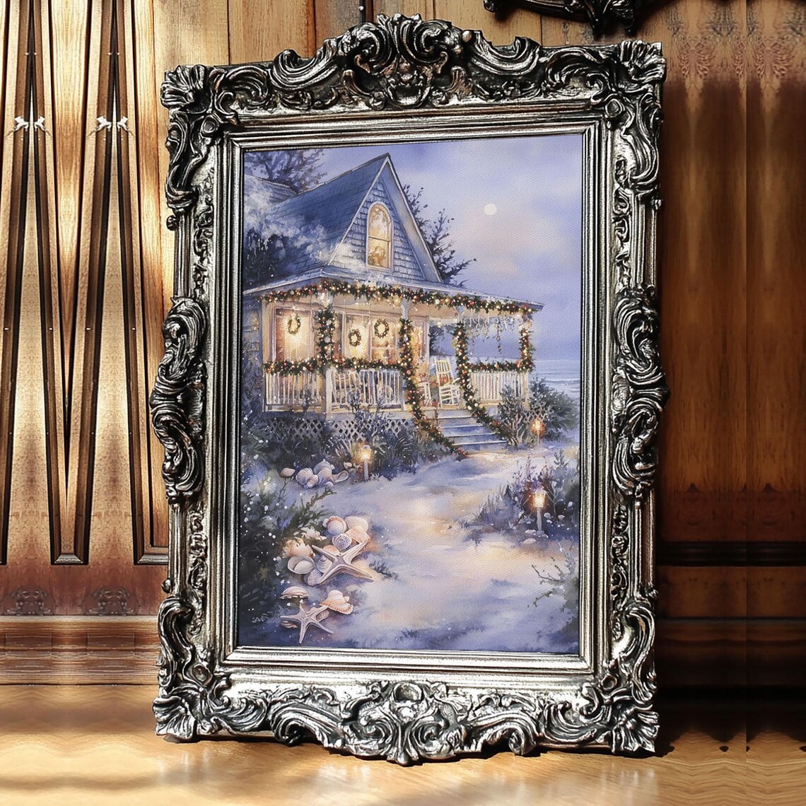 Moonlit Beach Cottage Christmas Lights Over Ocean Night Poster