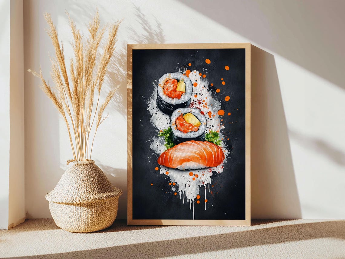 Abstract Oil Painting Print Of Sushi On Black Background Food Review Kitchen Art Kitchen Decor Wabi Sabi Wall Art Sushi Painting - Image 2