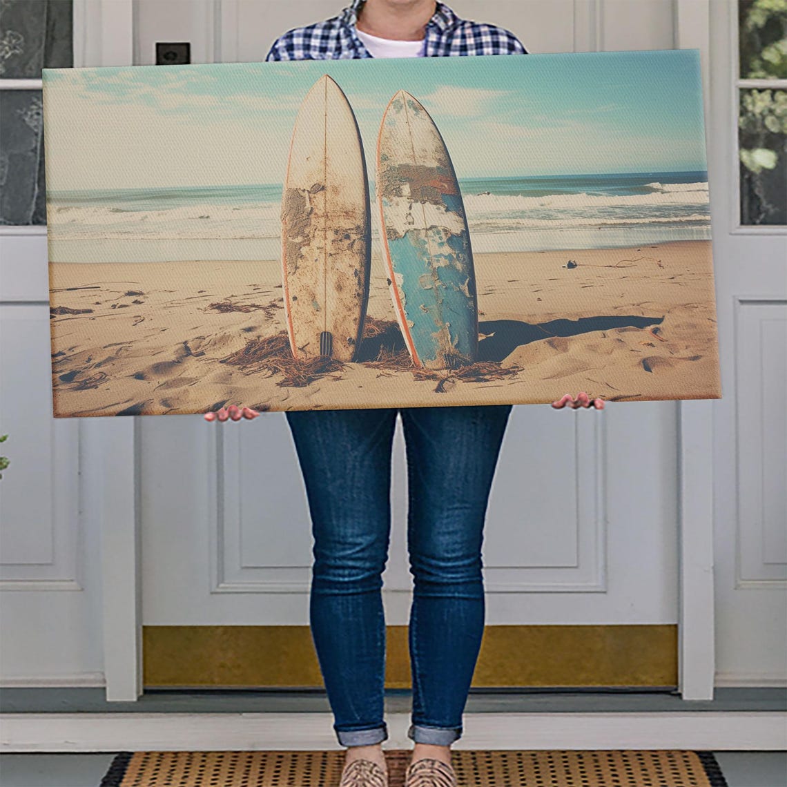 Two Weathered Surfboards Standing In Sand Beach Photo Travel Print - Image 4