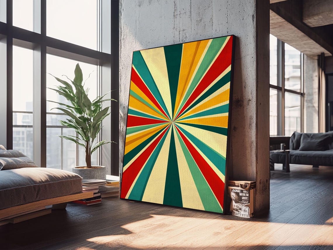 Retro Red Teal Yellow Sunburst Rays Vintage Style Abstract Poster - Image 4