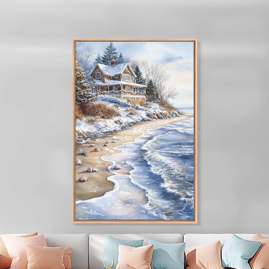 Snowy Beach House Decorated For Christmas Above Ocean Waves Poster - Image 5