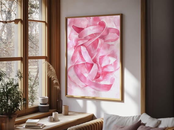 Satin Pink Ribbon Minimalist Wall Art Framed Print Feminine Bedroom Or Vanity Decor Cottagecore Aesthetic Artwork