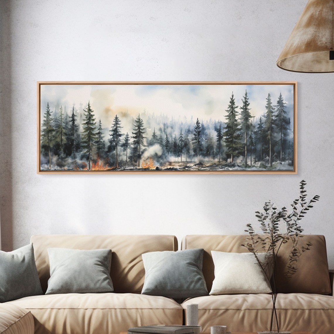 Forest Fire Watercolor Misty Tall Pine Trees Panoramic Print - Image 3