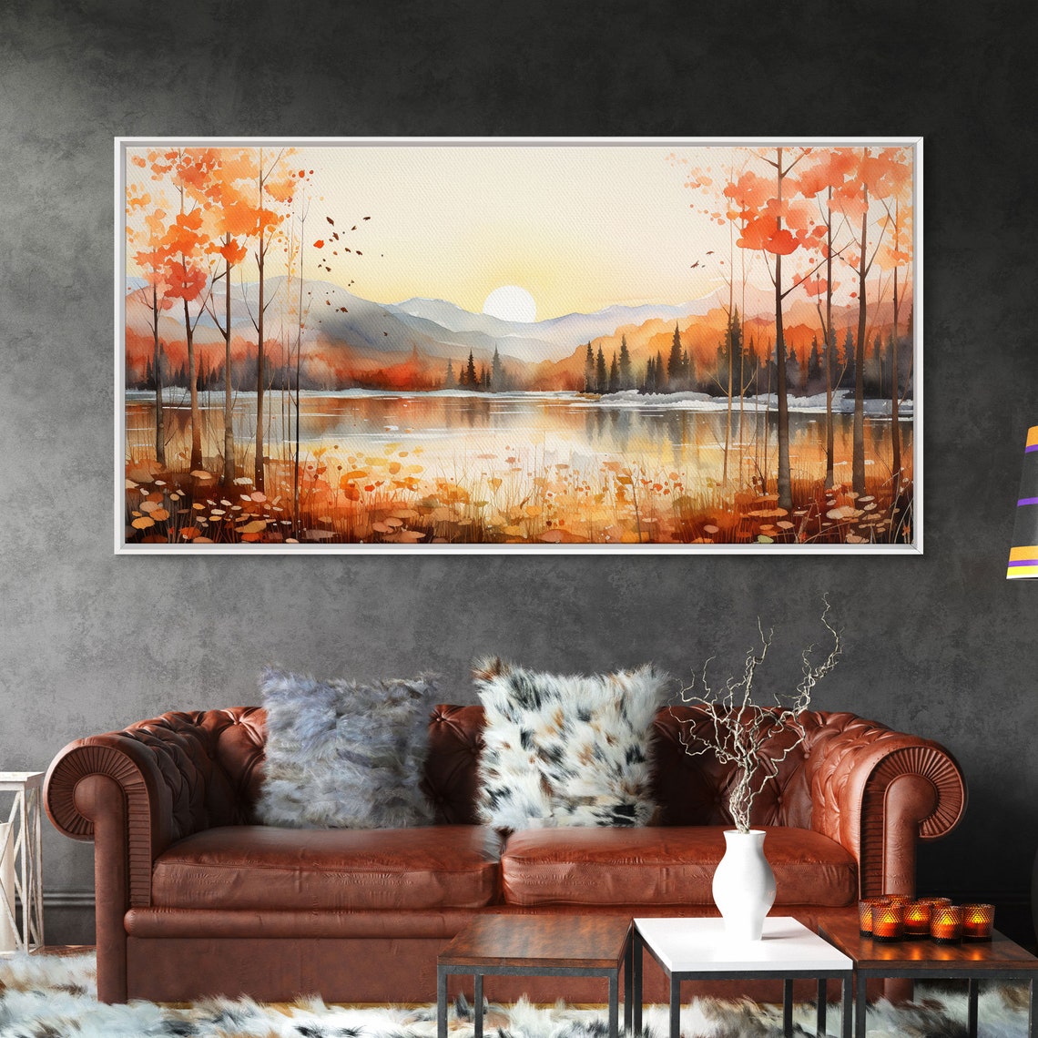 Autumn Sunset Lake Orange Trees Misty Mountains Watercolor Poster