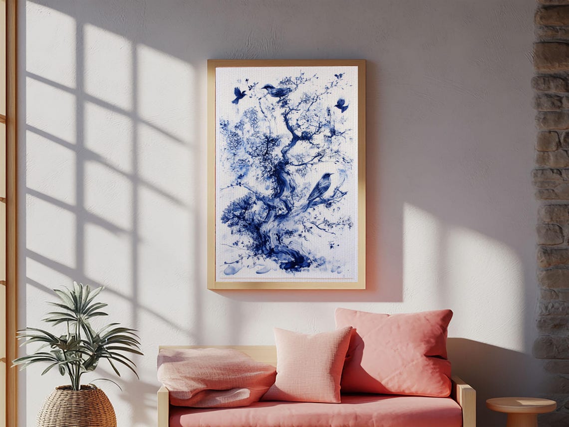 Blue Ink Tree With Birds Chinoiserie Botanical Painting Print - Image 5