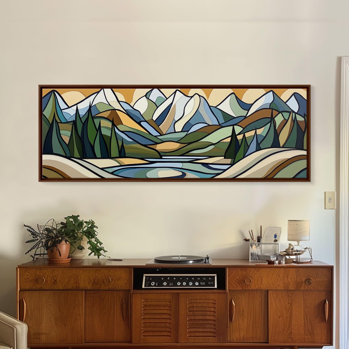 Stained Glass Style Mountain Lake Landscape Geometric Art Poster - Image 6