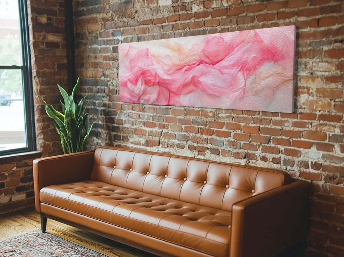 Blush Pink Abstract Silk Waves Watercolor Horizontal Canvas Art Poster - Image 5