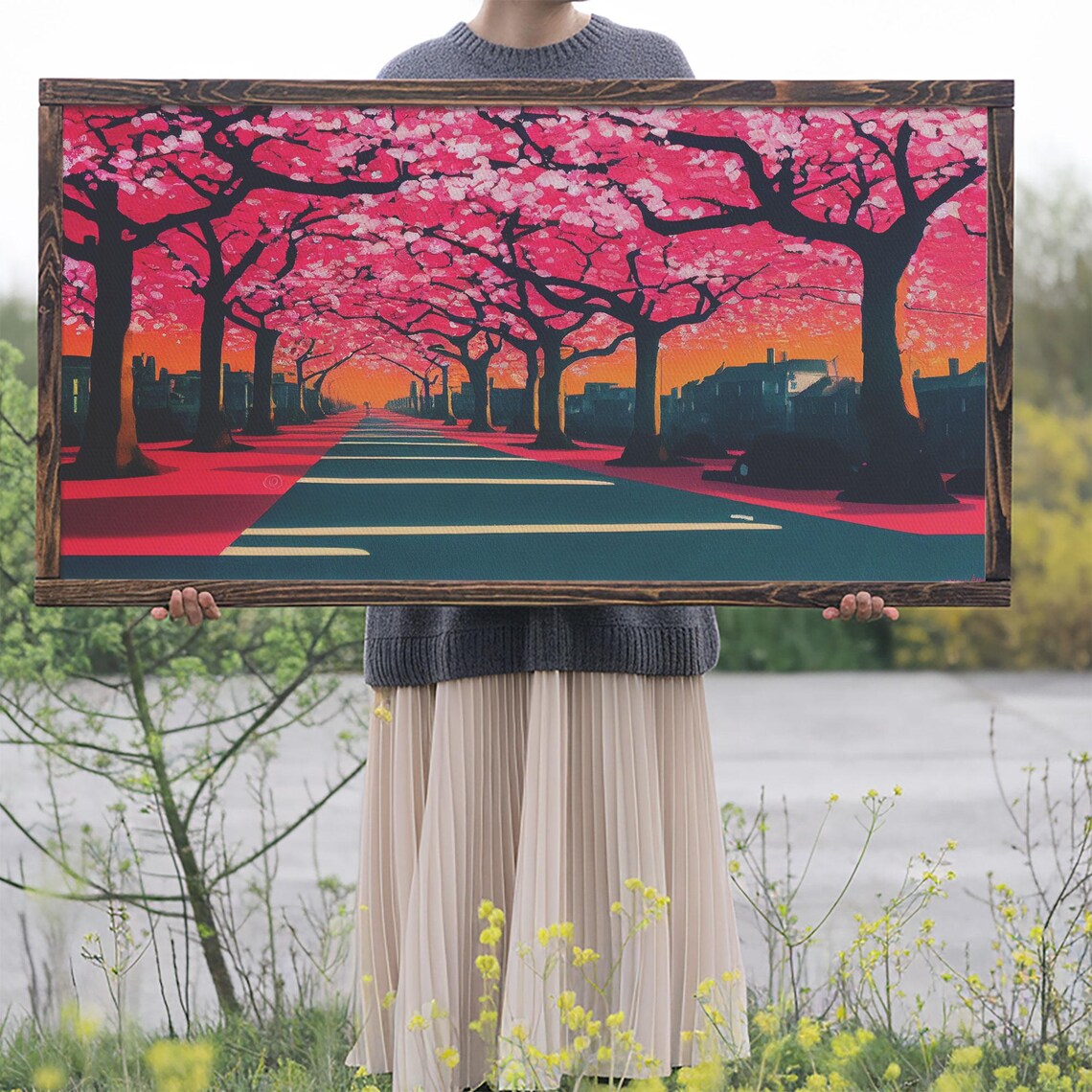 Street Lined With Cherry Blossoms Cherry Blossom Tree Art Framed Print Ready To Hang Wall Art Framed Wall Art - Image 2